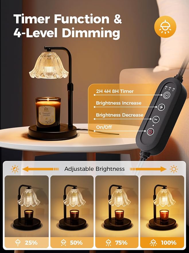 Flower Candle Warmer Lamp with Timer - Electric Modern Wax Melt Warmer Black Scented Jar Candles Light Room Decor for House Warming New Home Birthday Women Mom Gifts