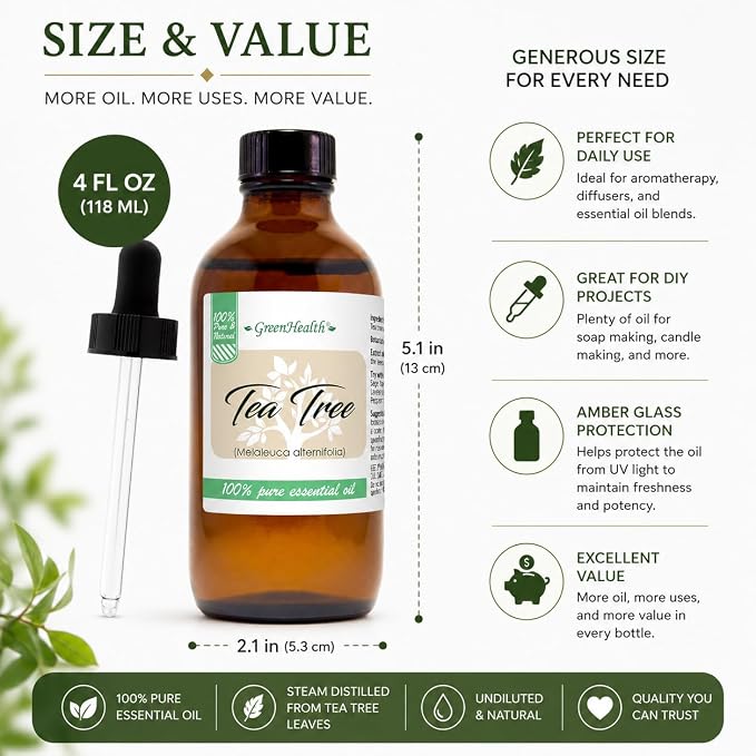 Tea Tree Essential Oil – 4 fl oz (Pack of 2) – 100% Pure & Undiluted – Amber Glass Bottles with Glass Droppers – Natural Cleaning, Diffuser, DIY Use – GreenHealth