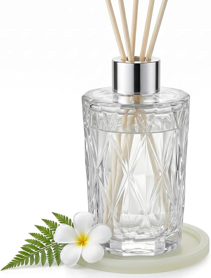 Glass Reed Diffuser Bottle Diamond Jar for Home Aromatherapy, Nightlight Glow Coaster & Cap, Luxury Bathroom Decor, Pairs with Soap Dispenser, 6.8oz Clear（Reeds Not Included）