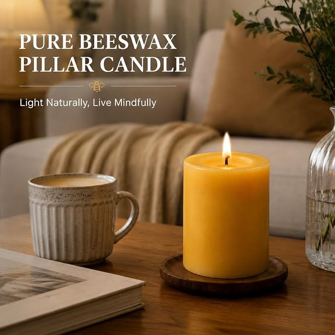 Beeswax Candles Pillar 3x4 Inch, 4 Pack Non Toxic Bees Wax Candle for Home Decor, Large Natural Organic Pillar Candle with 60 Hours Long Burning Time for Emergency, Meditation, Relax