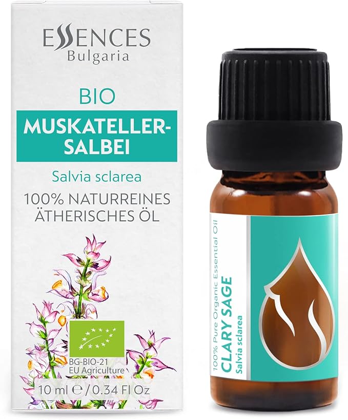 Essences Bulgaria Organic Clary Sage Essential Oil 1/3 Fl Oz | 10ml | Salvia sclarea | 100% Pure and Natural | Undiluted | Therapeutic Grade | Family Owned Farm | Steam-Distilled | Non-GMO | Vegan