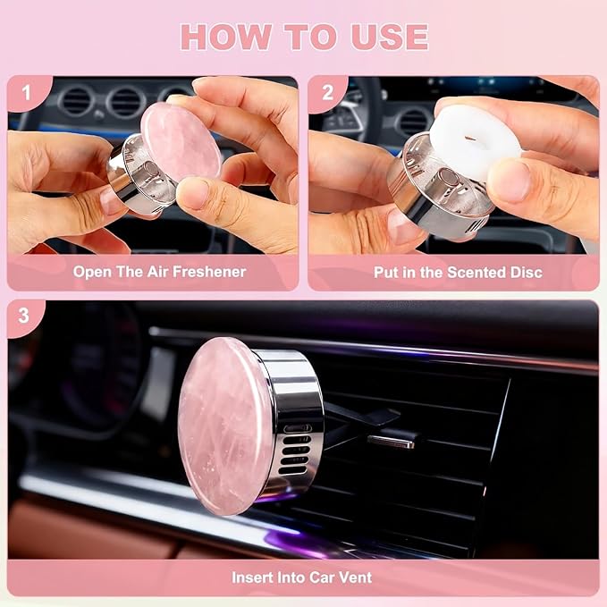 Car Vent Freshener Rose Quartz Air Freshener Gift Box Scented Diffuser with 5 Unique Fragrances (Cologne, BlueBell, Bergamot, Rose, Tea Fragrance) -Long-Lasting Aromatherapy for Car