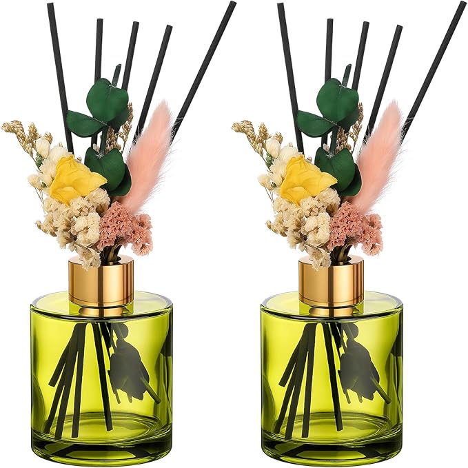 Rtteri 2 Reed Diffuser Sets Flower Oil Diffuser Sticks with Refill Empty 5oz Bottles Scent Glass for Fragrance Home Bathroom Gifts, Oil Not Included (Green Color)
