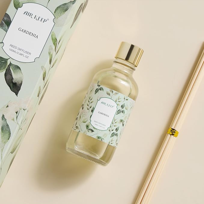 Airkeep Reed Diffuser Oil Set with Reed Sticks, Gardenia Aromatherapy Oil Scent Diffuser for Home Office Bathroom Decoration Perfume and Gifts 3.38 oz/100ml