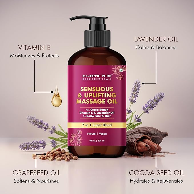 MAJESTIC PURE Cocoa Massage Oil for Massage Therapy - Refreshing, and Relaxing - Natural Oils with Cocoa Butter, Vitamin E & Lavender Oil - for All Skin Types - Men and Women Massage Lotion - 8 fl oz
