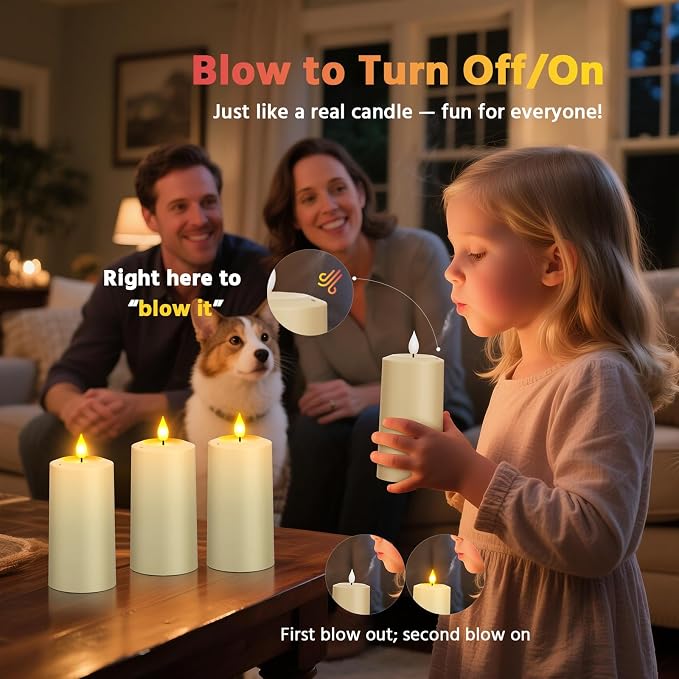 PChero Rechargeable Blow Out Candles with Remote and Timer, LED Flickering Flameless Candles, Battery Operated Pillar Candles for Christmas Halloween Table Wedding Home Decor, Long Lasting, Set of 4