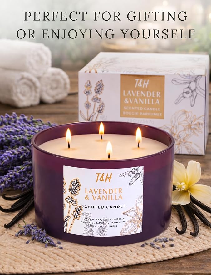 Lavender Vanilla Candle | 4 Wick Extra Large Scented Soy Candles 20 oz | Highly Scented Aromatherapy Lavender Candle for Women | Relaxing Stress Relief Home Scent | Long Lasting Clean Burn
