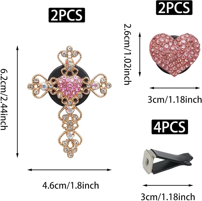 4pcs Bling Heart & Cross Air Vent Clips,Cute Pink Diamond Car Air Fresheners Diffuser,Crystal Pendant Decoration Car Interior Accessories for Women