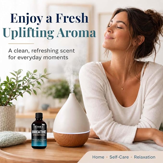 Breathe Essential Oil for Diffuser, 100% Natural Pure Grade Synergy Blend with Eucalyptus, Peppermint, Tea Tree, Lemon, Pine Needle, Cardamom & Laurel Leaf, Refreshing Blend for Aromatherapy