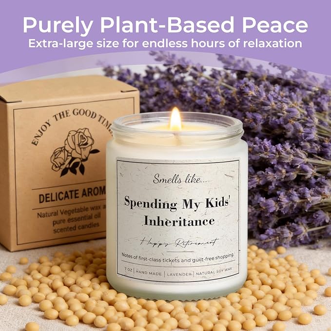 Retirement Gift for Woman, Men - Smells Like Spending My Kids' Inheritance - 7oz Lavender Scented Soy Wax Candle, Funny Retired Gifts for Women, Coworker, Boss, Teacher, Friend, Farewell Present