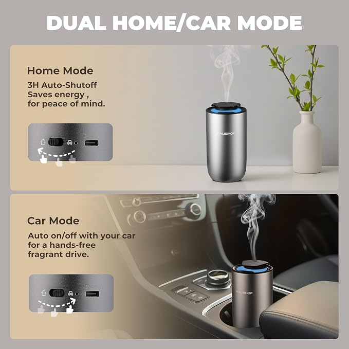 HAUSHOF Waterless Essential Oil Diffuser for Home & Car, Smart Aromatherapy Scent Diffuser with Auto On/Off, 3 Mist Levels & 3 Color Lights, Rechargeable Portable Design, Premium Silver Metal Finish