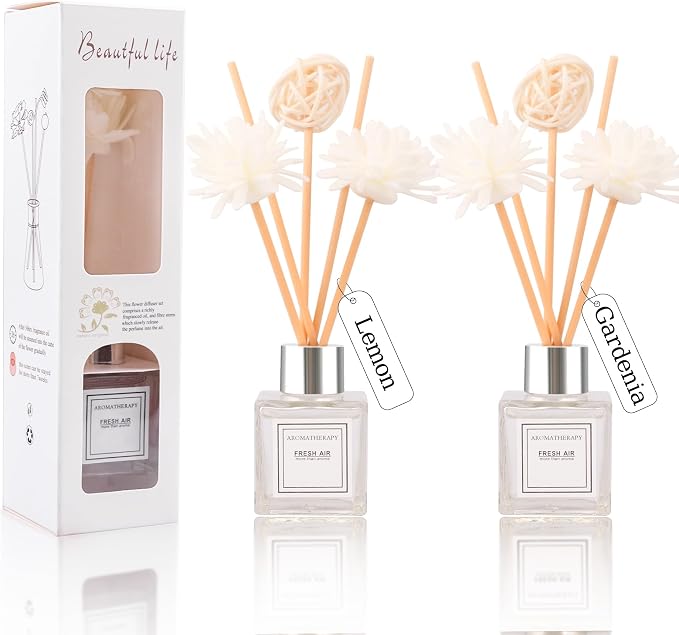 Reed Diffuser Set of 2, Lemon & Gardenia Scent Oil Diffuser with Sticks for Home Fragrance, Office Living Bedroom Decor, Bathroom Decor and Accessories, Air Fresheners Gift Set, 1.7 fl oz/50ml x 2