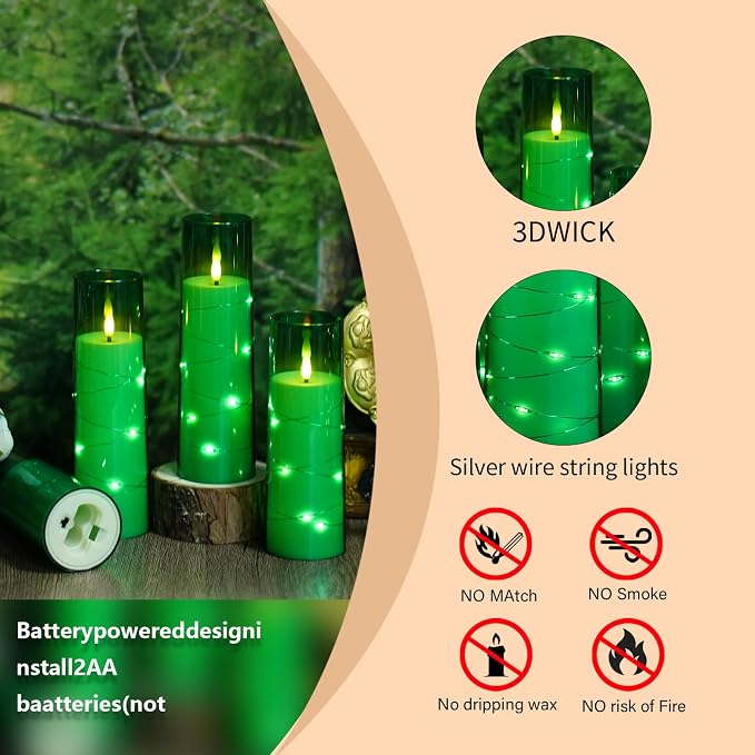 Eebuss Flameless Candles with Embedded Star String, Battery Operated LED Pillar Candles with Timer and Remote Control,Home Decorating for Ambiance， Set of 7 (Green)