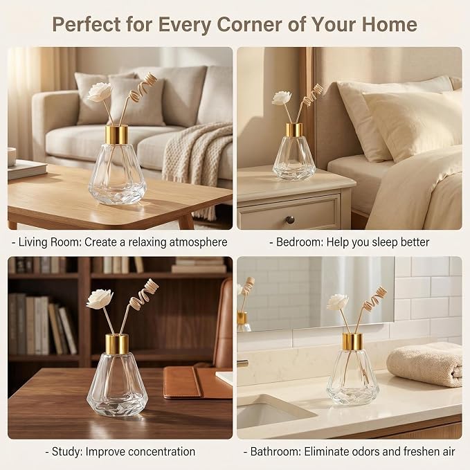2 Pack 2oz Clear Reed Diffuser Bottles, Empty Refillable Diamond Style Glass Aromatherapy Bottles with Gold Caps & Inner Stoppers for Bathroom, Home & Office Fragrance DIY