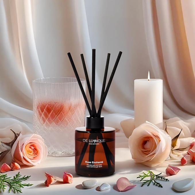 Rose Enchante Scent Room Scent Diffuser with Reed Diffuser Oil – Rose, Peony, Raspberry, and White Cedar – Long-Lasting Alcohol-Free Aromatherapy for Home, Bathroom, Bedroom – 150ml