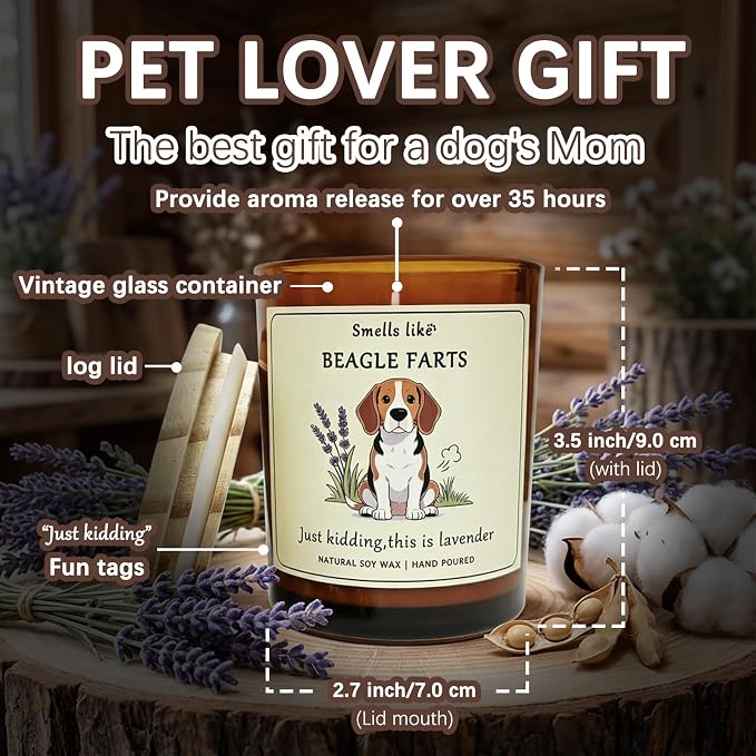 Beagle Gifts for Women - Dog Mom Candle Decor Beagle Farts Candle Themed Gifts for Women for Pet Lovers Crafted by Natural Soy Wax Lavender Scented Candle