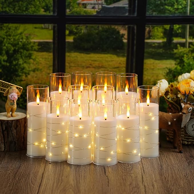 Sasigeiaa Flameless Candles with Embedded Star String - Battery Operated LED Candles, with Remote,12 White Flickering Candles for Christmas, Weddings, Home Decor & Party,(D 2.3"×H 5" 6" 7")