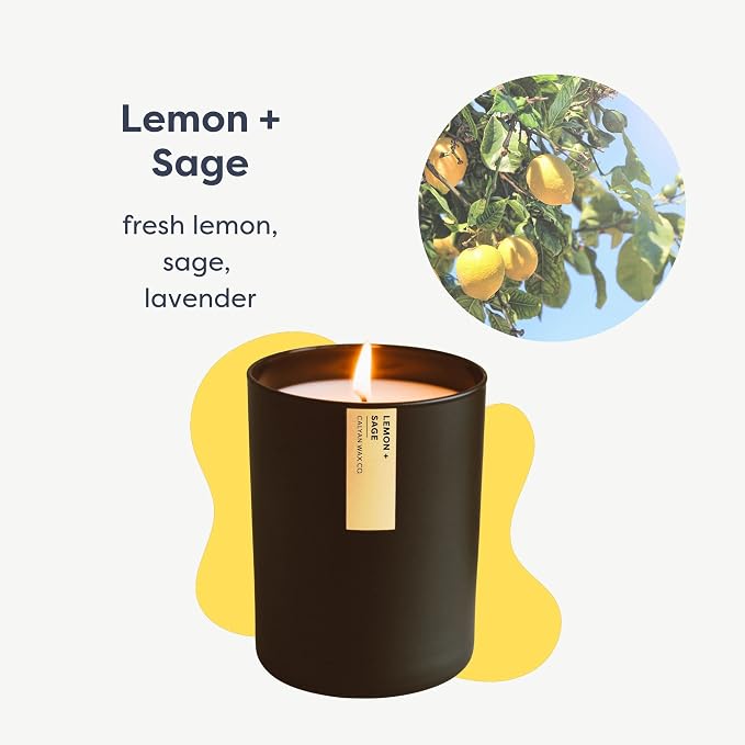 Calyan Wax Co. Lemon & Sage Scented Candle - 75 Hour Burn - Luxury Clean Soy Wax Candles - Long Lasting Black Tumbler Jar Candle for Home - 10.2oz