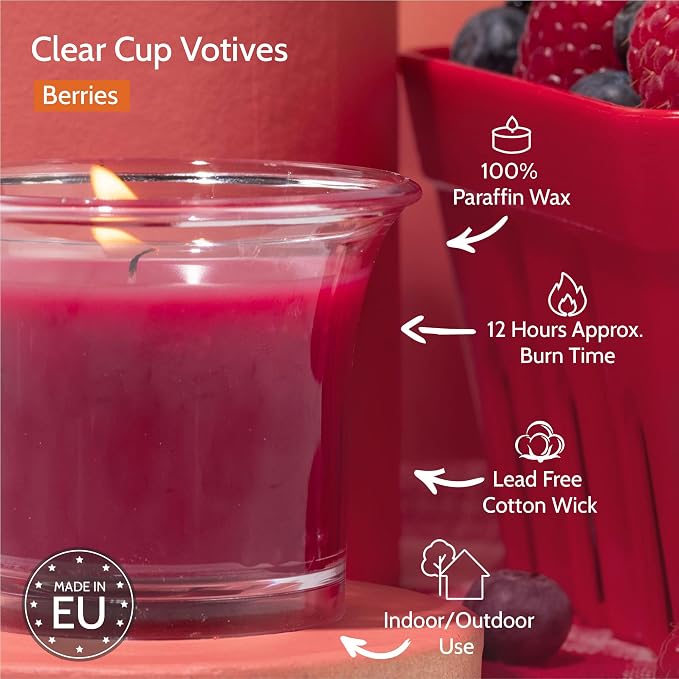 HYOOLA Clear Cup Scented Votive Candles - Berries - 12 Hour Burn Time - 4 Pack - European Made