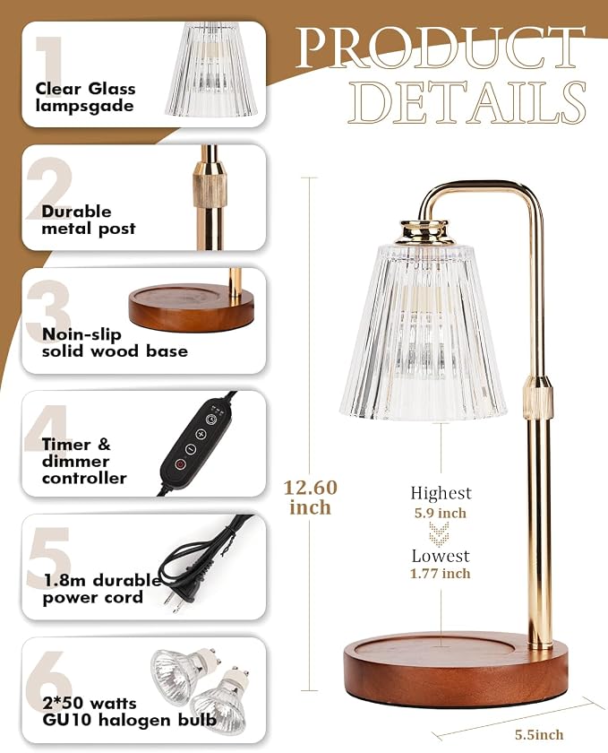 Candle Warmer Lamp with Timer Dimmable Crystal Vertical Stripe,Mothers Day Birthday Gifts for Women Mom, Adjustable Candle Warmer with 2 Bulbs, Candle Lamp for Jar Candles, House Warming Home Decor