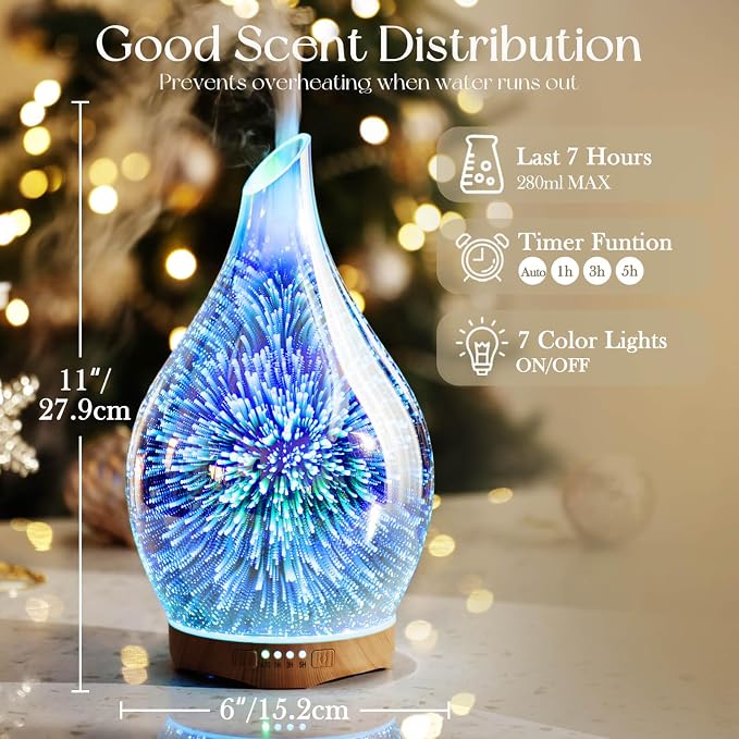 Porseme Essential Oil Diffuser 280ml Aromatherapy Ultrasonic Oil Diffusers 3D Glass Cool Mist Humidifier, Air Refresh Auto Shut-Off, Timer Setting, BPA Free for Home Hotel Yoga Leisure SPA Gift