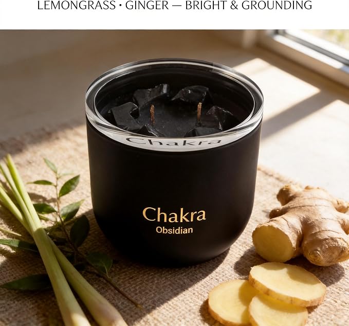 Lemongrass Ginger Chakra Crystal Candle with 6 Obsidian Crystals Inside, 2 Wood Wick Crackling Candles, 12oz Soy Wax Spiritual Aromatherapy Candle for Meditation, Healing, Yoga, Gift for Women and Men