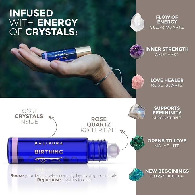 BALIPURA - Crystal Aura Roll On - Birthing Natural Essential Oils - Moonstone, Amethyst Gemstones & Crystals - Essential Oil Blends - 0.34fl.oz