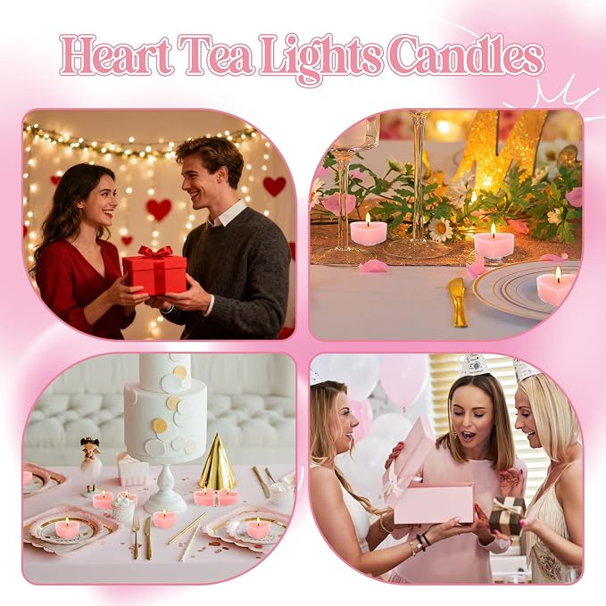Valentine's Gift 50 PCS Heart Shaped Tea Light Candles, Rose Scented 4-Hour Burn Smokeless Tealights for Valentine's Day, Wedding Anniversary, Proposal&Romantic Decorations.