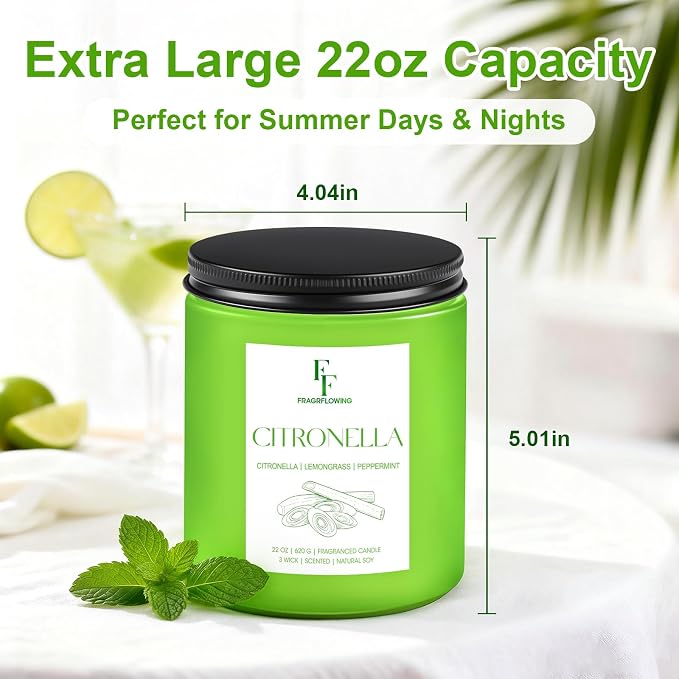 Citronella Large Scented Candle Outdoor Indoor, 3-Wick 22oz Long Lasting Scented Candle, Natural Soy Wax Aromatherapy Candle for Backyard Patio Garden Camping