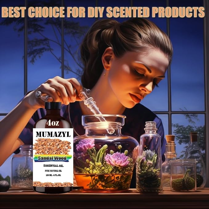 Sandalwood Essential Oil, Sandalwood Oil 4 Fl Oz 120ML for Diffuser Humidifier Yoga Cleaning DIY Candle Soap Making MUMAZYL Essential Oils