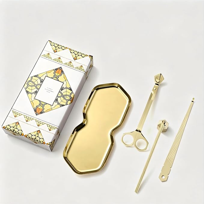 PATOISE 4 in 1 Candle Accessory Set, Wick Trimmer, Candle Snuffer, Wick Scoop,Storage Tray,Perfect for Candle Lovers(Gold)