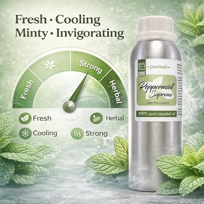 Peppermint Essential Oil – 100% Pure Mentha Piperita – GreenHealth – 8 fl oz (237 ml) Aluminum Bottle with Plug Cap – Aromatherapy, Diffusers, DIY, Candles, Fresh Home Scent