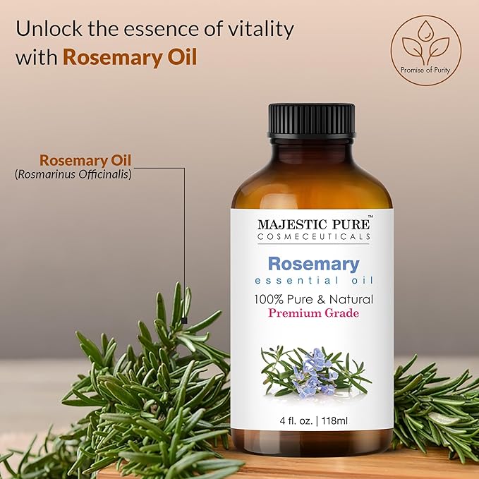 Majestic Pure Essential Oil with Glass Dropper - 100% Pure and Natural - Essential Oils for Diffuser, Aromatherapy, Soap and Candle Making, Rosemary Essential Oil, Rosemary Oil, 4 Fl Oz