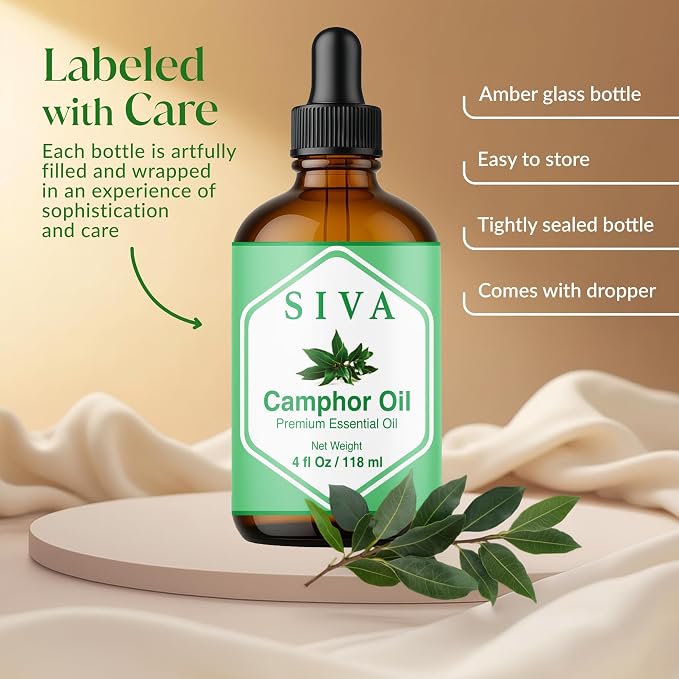 Siva Camphor Essential Oil 4 Fl Oz – for Diffuser, Skin & Hair Care – Ideal for Aromatherapy, Massage & DIY Blends- with Dropper