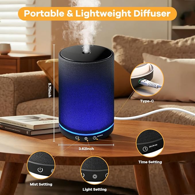 Essential Oil Diffuser with Fabric Cover 150ml Portable USB Plug-in Aroma Diffuser Aromatherapy Oil Diffuser with 7 Colors LED Scent Diffuser with Timer Mini Humidifier for Bedroom Home Office