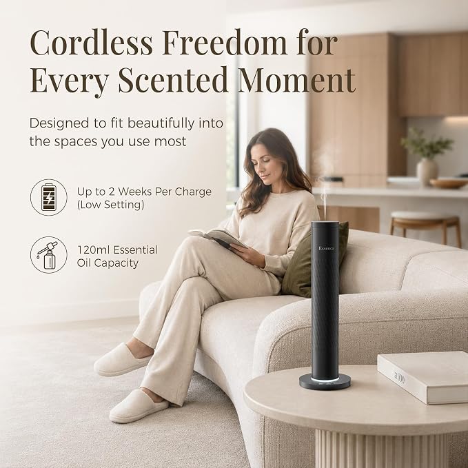 Waterless Scent Diffuser with 5 Essential Oils Starter Kit, Cold Air Diffuser Up to 1000 Sq.ft for Large Room, Home Office, Hotels,Spas, Cordless Scent Machine with App Control, Mood Light