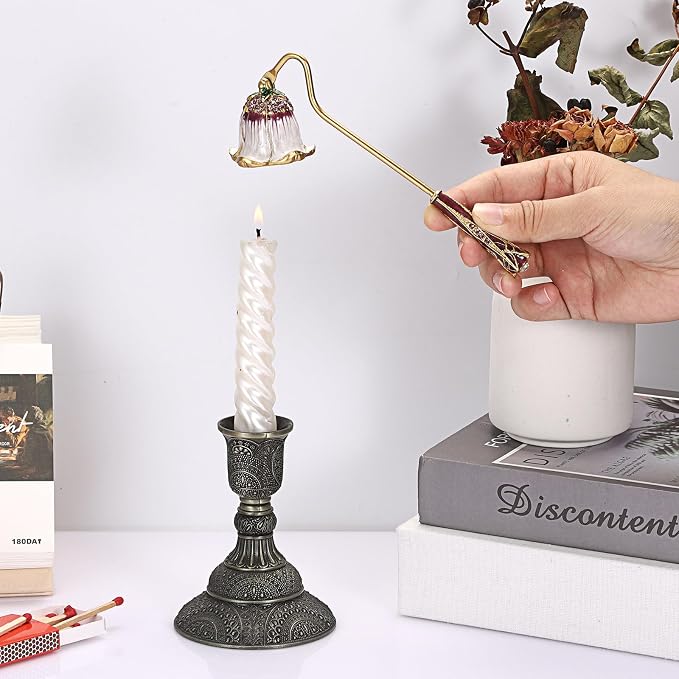 OwnMy Candle Snuffer Decorative Metal Candle Extinguisher with Long Handle, Vintage Candle Flame Snuffer and Wick Trimmer Tool, Elegant Candles Care Accessory Kit, White+Purple