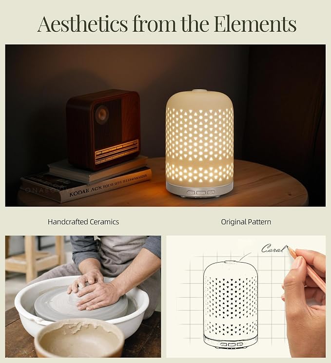 Essential Oil Diffuser - 2.4MHz Ultrasonic Ceramic Diffuser with Pulse/Continuous Mist & Night Light, Waterless Auto-Off, Silent Aromatherapy Diffuser for Home, Office, Yoga, Spa, Gifts & Home Decor.