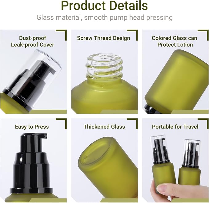 Segbeauty 1oz Frosted Glass Empty Travel Size Bottles for Creams, 3pcs Refillable Lotion Pump Bottle Dispenser, 30ml Liquid Travel Containers, Green Mini Lotion Container Foundation Pump Dispensers