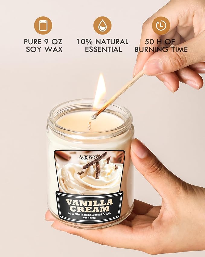 AOOVOO Vanilla Cream 2 Pack Odor Eliminating Candle - Up to 100 Hours Burn time, Eliminates 95% of Pet, Smoke, Food, and Other Smells Quickly, 18 oz Non Toxic Highly Fragranced Air Freshing Soy Candle