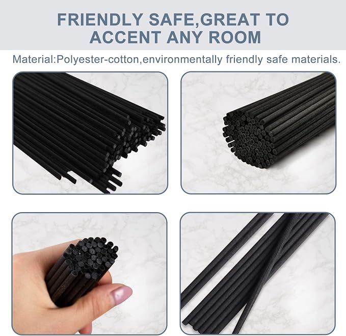 HOSSIAN 50pcs Reed Diffuser Sticks- Black Fibre Reed Diffuser Sticks-Thick Diffuser Reeds Sticks - Diffuser Sticks for Diffuser Oils Fragrance Refill - Fibre Reeds for Diffusers(Black7.5/19cm)