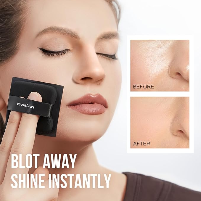 CARSLAN Makeup Blotting Paper with Powder, Black Magnet Blotting Sheet for Oily & Combination Skin, Portable Compact with Puff & Mirror, Keeps Makeup Fresh All Day, 450 Sheets + 8 Refill Adhesive Pads