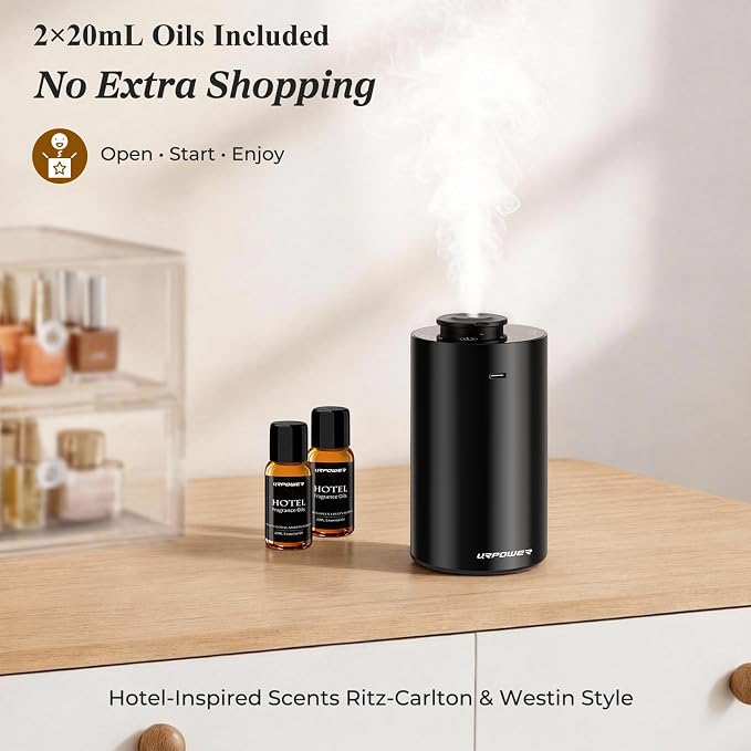 URPOWER Waterless Essential Oil Diffuser: No Water Needed Battery Operated Scent Diffuser - 2 * 20ML Hotel Fragrance Essential Oils - Cordless & Mini Oil Machine Aluminum for Car Home Office(Black)