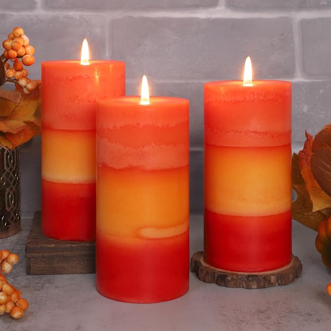 Tall 3x6 Inch Orange Pillar Candles 3 Pack Hand-Crafted Spiced Pumpkin Scented Candles Long Burn Time Dinner for Home Scented Housewarming Thanksgiving Gifts Fall Autumn