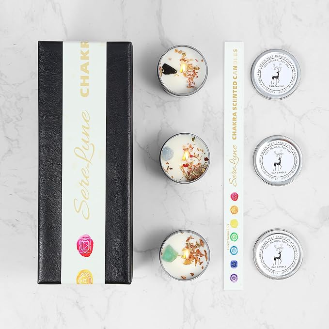 Chakra Crystals Candle, 3 Scented Soy Candles with Crystals, Spiritual Gifts for Women, Mothers Day Gifts, Aromatherapy Candle, Canned Soy Candles (Enery Balance Set)
