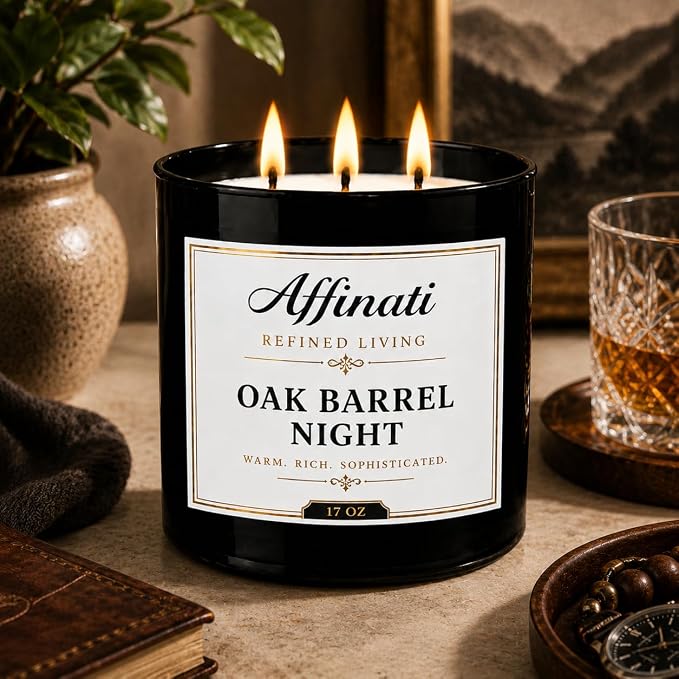 Affinati Oak Barrel Night 3 Wick Scented Candle – Large Soy Blend Candle, Strong Scent Throw Rich Woody Masculine Lounge Evening Candle, Premium Room Odor Eliminator Gift