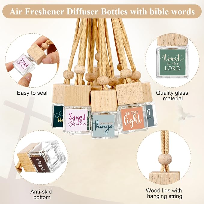 Teenyyou 10 Pcs Christian Appreciation Gifts for Church Christian Car Hanging Ornament Empty Glass Essential Oil Diffuser Religious Inspirational Biblical Gifts for Women School Church Supplies