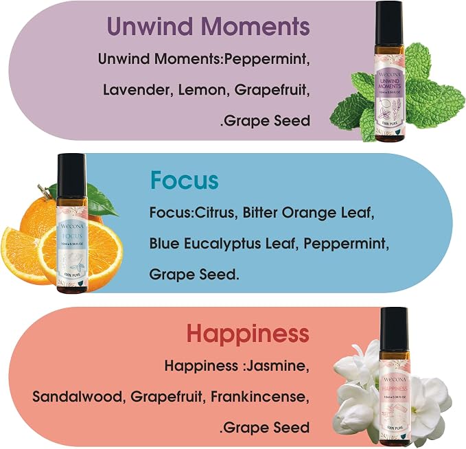Wecona Aromatherapy Essential Oil Roll-On Set – 6x10ml Essential Oil Blends with Roller Bottles, Portable Essential Oils for Diffusers for Home,Relaxing Gift for Women & Men