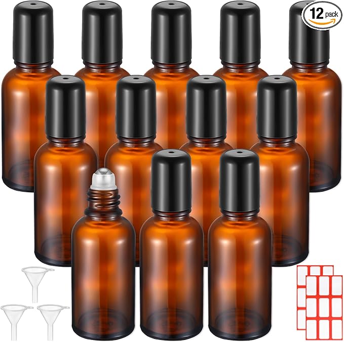 Sumind 12 Pcs 30ml Roller Glass Bottle Essential Oil with Stainless Steel Refillable Sample Container Brown Empty Roller Bottle Applicator with Funnel Sticker for Travel(Amber)