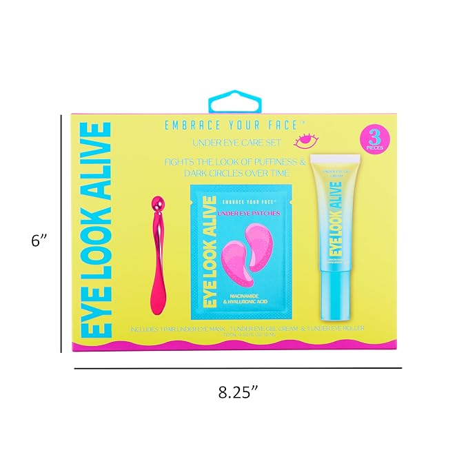 EXPRESSIONS 3pc Under Eye Care Set – Eye Look Alive Treatment Kit with Niacinamide & Hyaluronic Acid – Includes Under Eye Patches, Eye Gel Cream, and Metal Eye Roller Tool